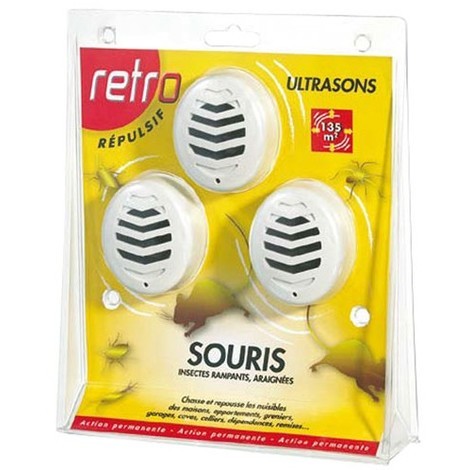 RETRO - Répulsif ultrasons souris insectes rampants - 135 m² - Lot de 3 émetteurs