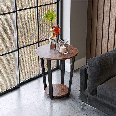 main image of "Retro Rustic Wood Side Table 2 Tier Round Coffee Table Lamp Stand Metal Frame"