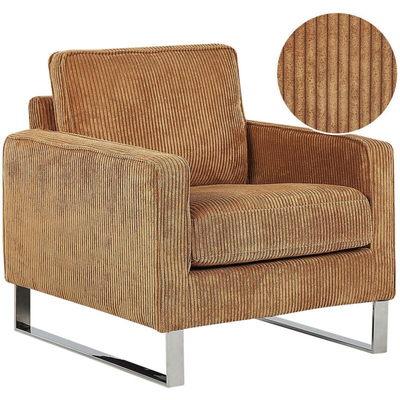 Sessel Hellbraun Cord Lederoptik Edelstahl Dicke Sitzfläche Retro-Stil Wohnzimmer - Braun