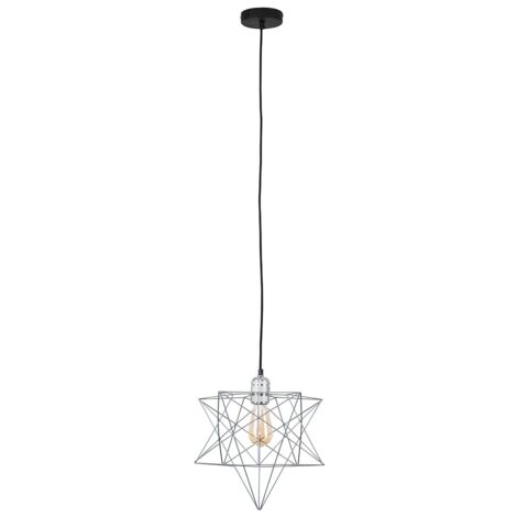 Chrome Ceiling Pendant Light + Grey Geometric Star Shade - 4W LED Filament Bulb Warm White