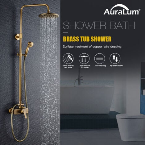 AURALUM Retro Spazzolato Ottone Colonna Doccia con Miscelatore Set de Doccia con Soffione a Pioggia 200mm e Doccetta 55mm Altezza Regolabile 910mm-1260mm