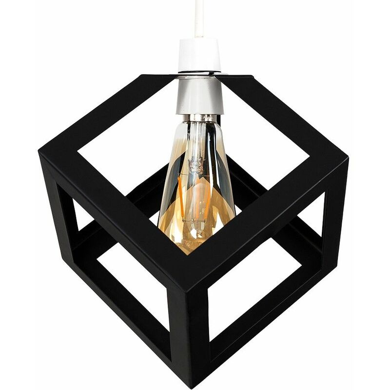 Black Metal Puzzle Cube Ceiling Pendant Light Shade + 4W LED Amber Filament Bulb - Warm White