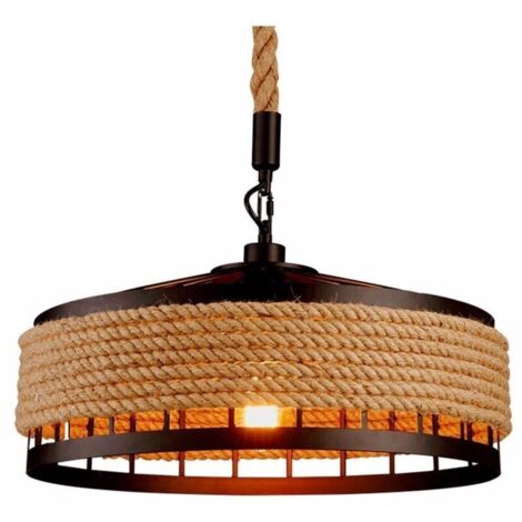 Retro Suspension Luminaire Industriel 40cm Noir , La lumière au plafond en fer Corde de chanvre Vintage Loft Lustre Plafonnier Décoration pour Salon, Cuisine, Restaurant, Bar