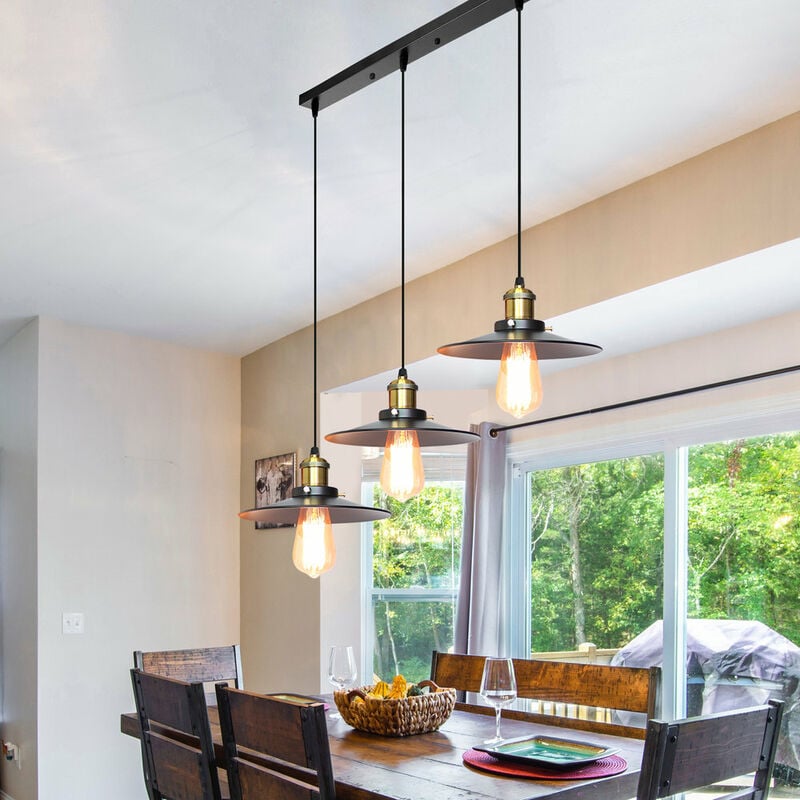 Rétro Suspension Luminaire Industriel Barre de 3 Lampe, Lustre abat-jour Vintage Plafonnier Lampe pour Salle à manger salon cuisine