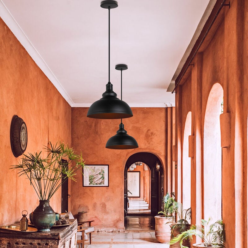 Rétro Suspension Luminaire Noir Industrielle E27- Ø29cm Métal 2pcs Lustre Abat-jour Plafonnier Intérieur Eclairage Décor