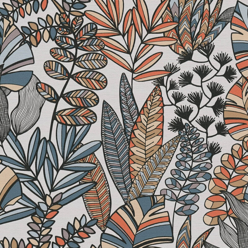 Retro Tapete Profhome 390952 Heißgeprägte Vliestapete Leicht Strukturiert Mit Floralen Ornamenten Matt Weiß Schwarz Orange Tauben-blau 5, 33 M2