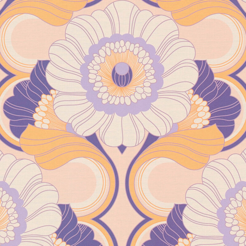 Retro Tapete Profhome 395303 Heißgeprägte Vliestapete Leicht Strukturiert Mit Blumen-muster Matt Violett Beige Ocker-gelb Creme-weiß 4, 5 M2