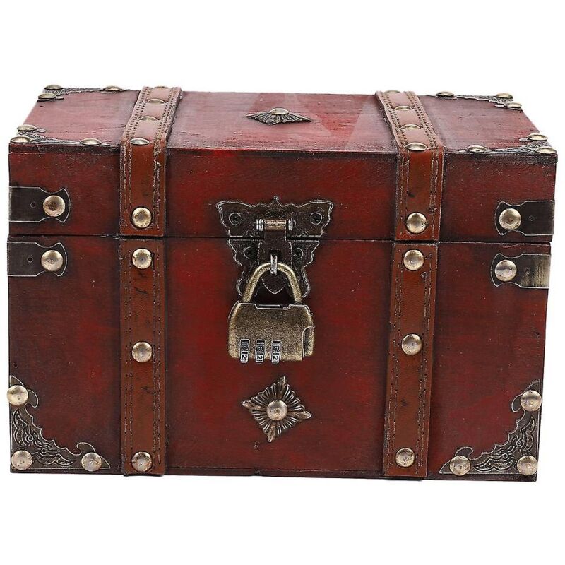 Coffre au trésor rétro avec serrure, boîte de rangement en bois vintage, organisateur de bijoux de style antique pour garde-robe