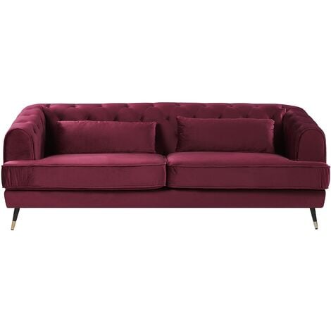 Retro Velvet 3 Seater Sofa Burgundy Tufted Chesterfield with Cushions Sletta
