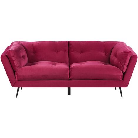 Retro Velvet 3 Seater Sofa Burgundy Tufted with Cushions Metal Legs Lenvik