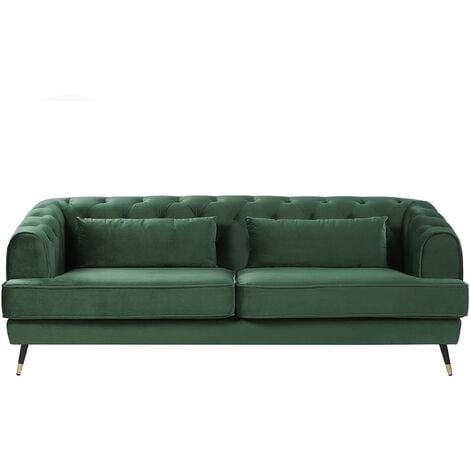Retro Velvet 3 Seater Sofa Dark Green Tufted Chesterfield with Cushions Sletta - Green