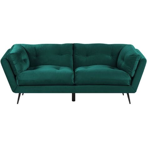 Retro Velvet 3 Seater Sofa Dark Green Tufted with Cushions Metal Legs Lenvik - Green