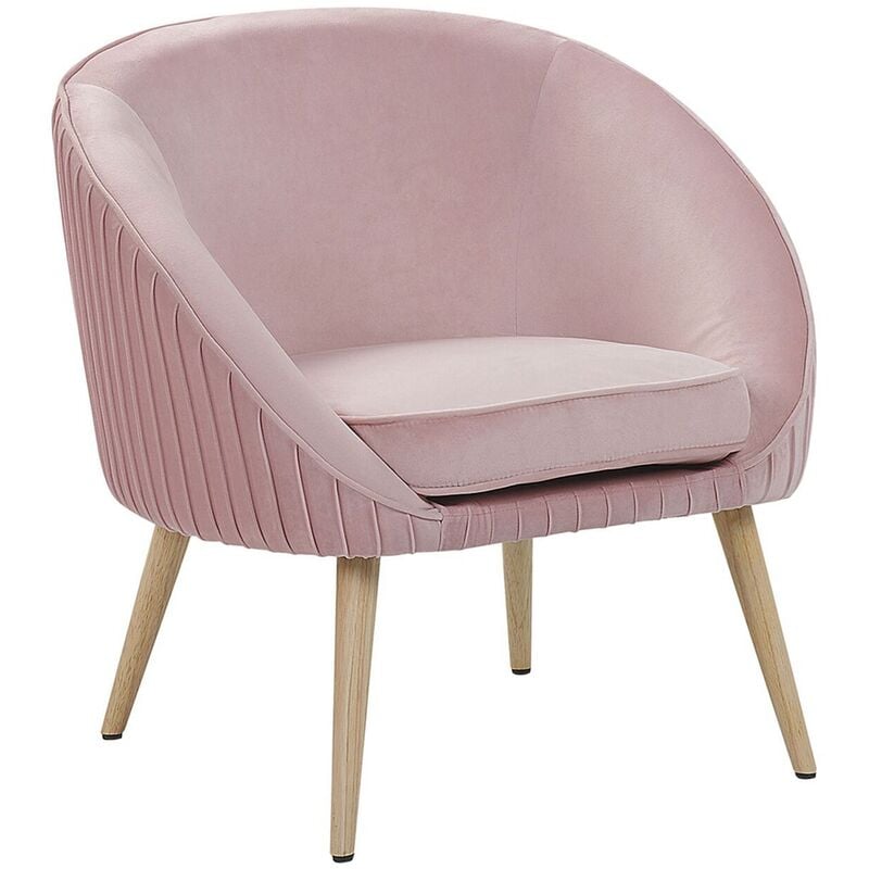 Retro Velvet Armchair Pink Recessed Arms Solid Wood Legs Tromso