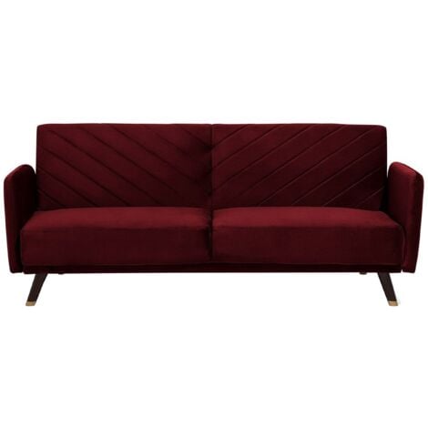 Retro Velvet Fabric Sofa Bed 3 Seater Dark Red Convertible Reclining Senja