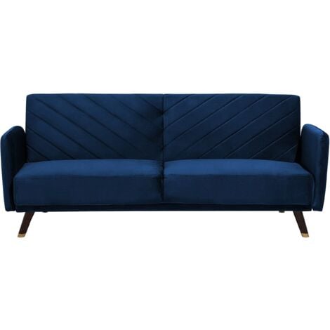 Retro Velvet Fabric Sofa Bed 3 Seater Navy Blue Convertible Reclining Senja