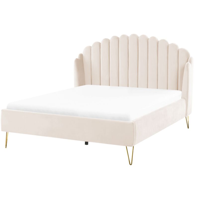 Beliani - Velvet Bed Frame Shell Headboard Eu Double Size 4ft6 Metal Legs Beige Ambillou