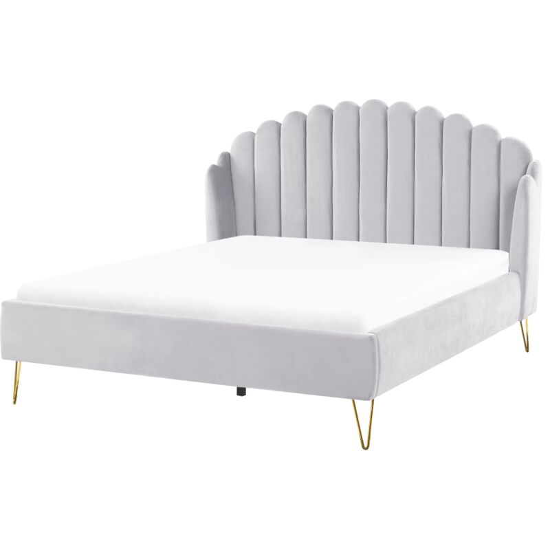 Beliani Velvet Bed Frame Shell Headboard Eu King Size 5ft3 Metal Legs Grey Ambillou