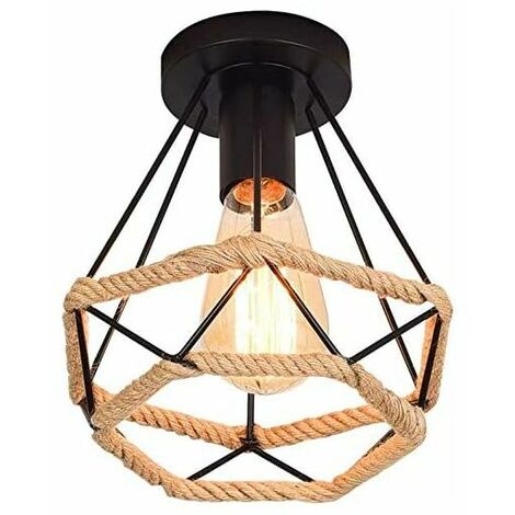 Retro Vintage Industrial Ceiling Light Metal Diamond Cage with Hemp Rope Iron Chandelier Pendant Light Fixture for Living Room Hall Bedroom Decorate Home(20cm) [Energy Class A+]