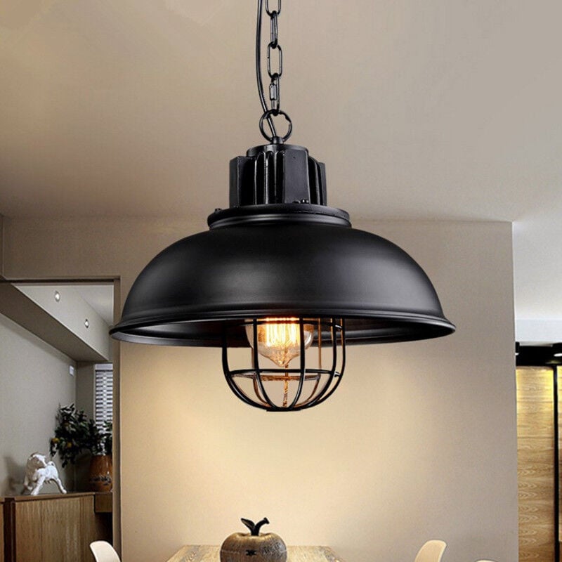 Rétro Vintage Lustre Suspension Industrielle E27 33cm Plafonnier Abat-jour en Métal Luminaire Noir 1PCS