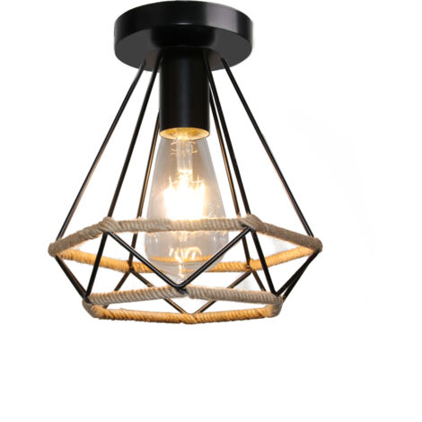 Rétro Vintage Plafonnier Industrielle Cage Diamant en Corde de Chanvre E27 20cm Noir - 1PCS