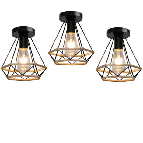 Rétro Vintage Plafonnier Industrielle Cage Diamant en Corde de Chanvre E27 20cm Noir - 3PCS
