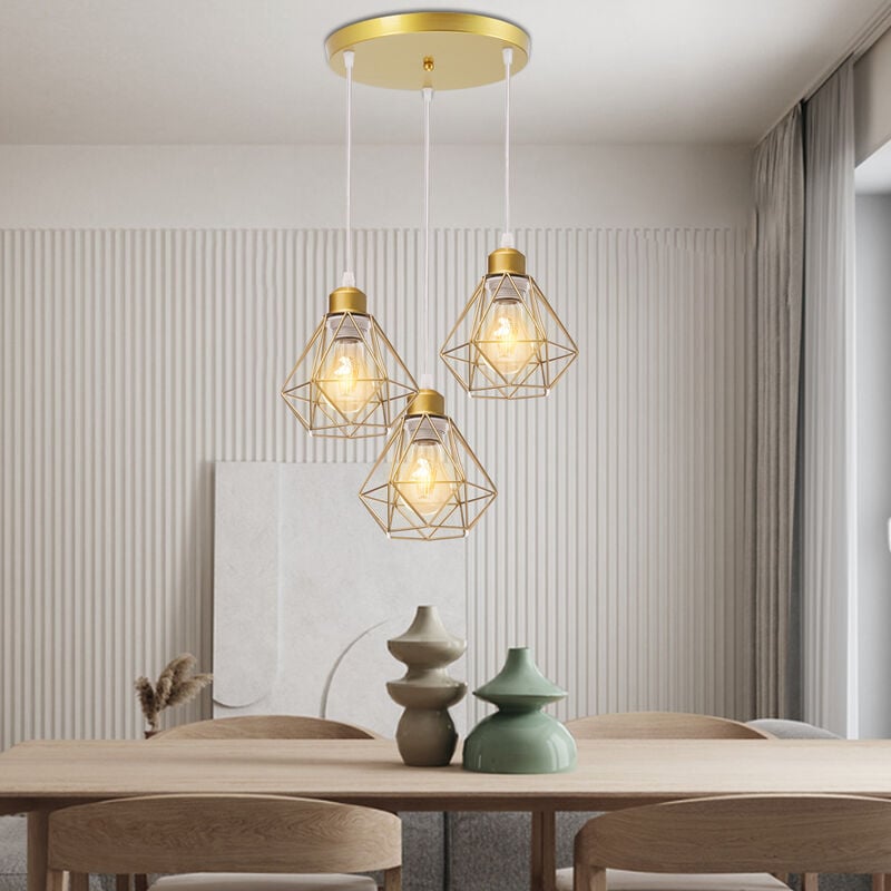 Rétro Vintage Suspension Lustre Industrielle Cage en Métal Fer Luminaire en Barre 3 Lumières Doré