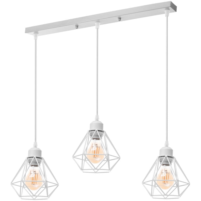 Rétro Vintage Suspension Lustre Industrielle Cage en Métal Fer Luminaire en Rectangulaire 3 Lumières Blanc