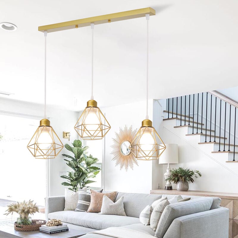 Rétro Vintage Suspension Lustre Industrielle Cage en Métal Fer Luminaire en Rectangulaire 3 Lumières Or