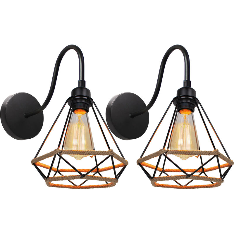 Wottes - Retro Wall Lights Black Cage Wall Lamp Metal Hemp Rope Wall Sconce - 2-pack