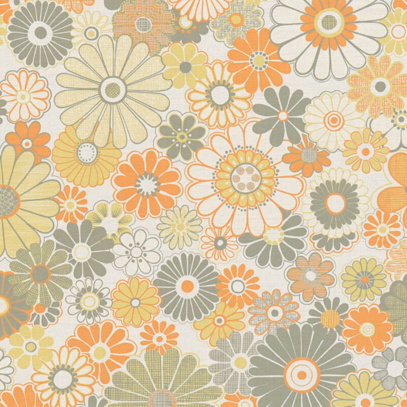 Retro Wallpaper Wall Profhome 395353 Hot Embossed Non-woven Wallpaper Slightly Textured With Floral Pattern Matt Green Orange Yellow Olive Grey Cream
