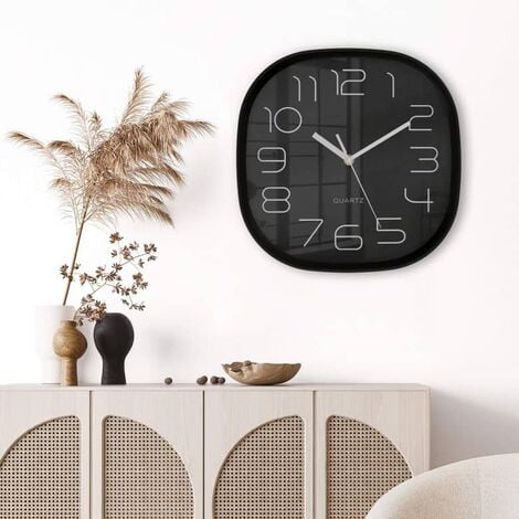 Retro Wanduhr schwarz Quartz Uhrwerk ohne Ticken Analoge Schlafzimmer Uhr lautlos 30cm Eckig - Schwarz