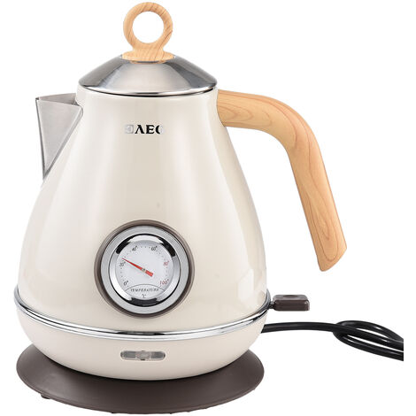 FORTUNA LAI Retro-Wasserkocher mit Thermometer, komplett aus plastikfreiem Edelstahl, kabelloser Wasserkocher, automatische Abschaltung, 2200 W, 1,7 l, BPA-frei, Vintage-Design, perlweiß