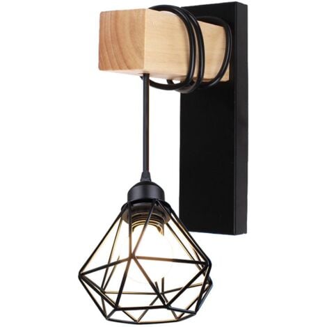 Retro Wooden Wall Light Diamond Shape Wall Lamp Modern Creative Wall Sconce For Bedside Stair Black