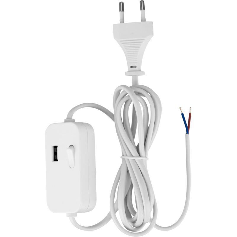 REV Cordon d'alimentation euro avec interrupteur intermédiaire 0033500112, avec USB, 2 m, blanc