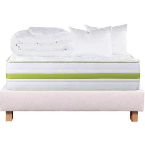 REVA - Pack Matelas + Sommier Tapissier Beige 140x190 cm + 2 Oreillers + 1 Couette