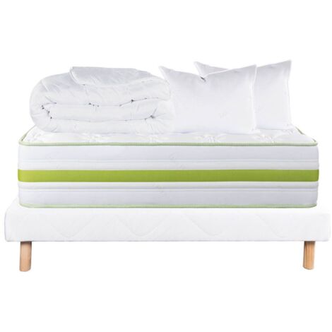 REVA - Pack Matelas + Sommier Tapissier Blanc 140x190 cm + 2 Oreillers + 1 Couette