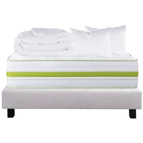 REVA - Pack Matelas + Sommier Tapissier Gris 140x190 cm + 2 Oreillers + 1 Couette