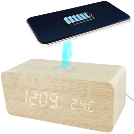 Réveil 2-en-1 Chargeur à Induction Effet Bois Clair