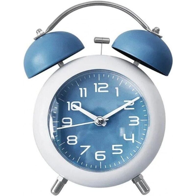 Réveil à double cloche pour chambre à coucher, silencieux, sans tic-tac, horloge de bureau pour la maison, bleu
