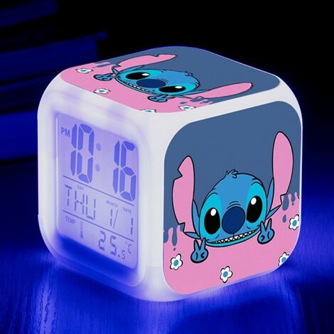 YUIT Réveil À LED, Kids LED Colorful Glowing Cube LCD Clock， for Kids Adult Bedroom Wake Up Night Stitch Alarm Clock,D