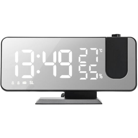 Réveil à projection 4-en-1 avec surface miroir — Thermomètre/Hygromètre, Radio et Chargeur de téléphone — Boîtier noir avec affichage blanc