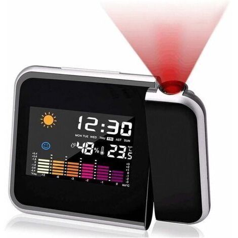 Réveil à projection, calendrier à écran couleur, station météo personnelle pour chambre à coucher, projecteur à intensité variable, double alarme, affichage LCD, date, heure, température, hum