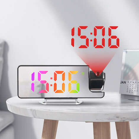 Réveil à projection de temps à LED avec affichage de la température - Horloge numérique réglable multi-angles - Affichage miroir LED - Réveil à projection murale et plafond (lumière colorée)