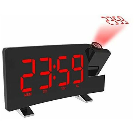Réveil à projection FM Réveil numérique écran incurvé radio FM/projection de l'heure/projecteur réglable/snooze/double alarme/port de charge USB/12/24 heures/variateur (rouge) - LKBD