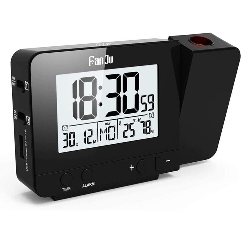 Feiyue - Réveil à projection, horloge numérique avec thermomètre et hygromètre d'intérieur, double réveil pour chambre à coucher, horloge numérique à