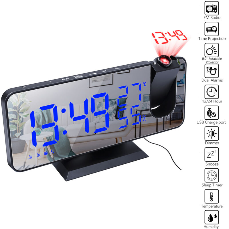 Réveil à projection miroir, réveil, compteur de température et d'humidité, radio, fonction quatre-en-un de chargement de téléphone portable, texte