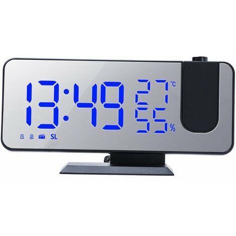 Reveil a projection miroir, reveil, thermometre et hygrometre, radio, fonction de chargement de telephone portable quatre-en-un, lettres noires et bleues