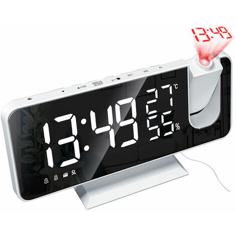 Reveil a projection miroir, reveil, thermometre et hygrometre, radio, telephone portable chargeant quatre fonctions en une,police blanche - police blanche - GHOST