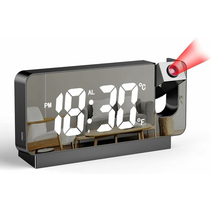 Yozhiqu - Réveil à projection numérique avec projection de l'heure, 180°, réveil miroir led 12/24 heures, affichage de la température, fonction