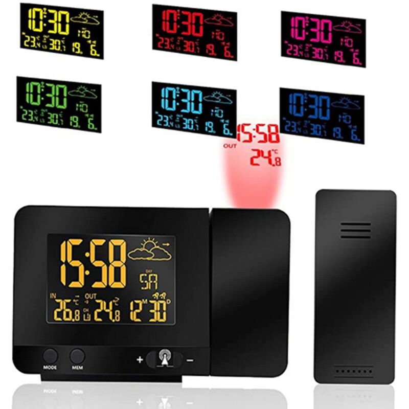 Réveil à Projection Numérique, Température Intérieure et Extérieure, Prévisions Météo, Affichage de la Date jour 12/24H, Fonction Snooze, Port de